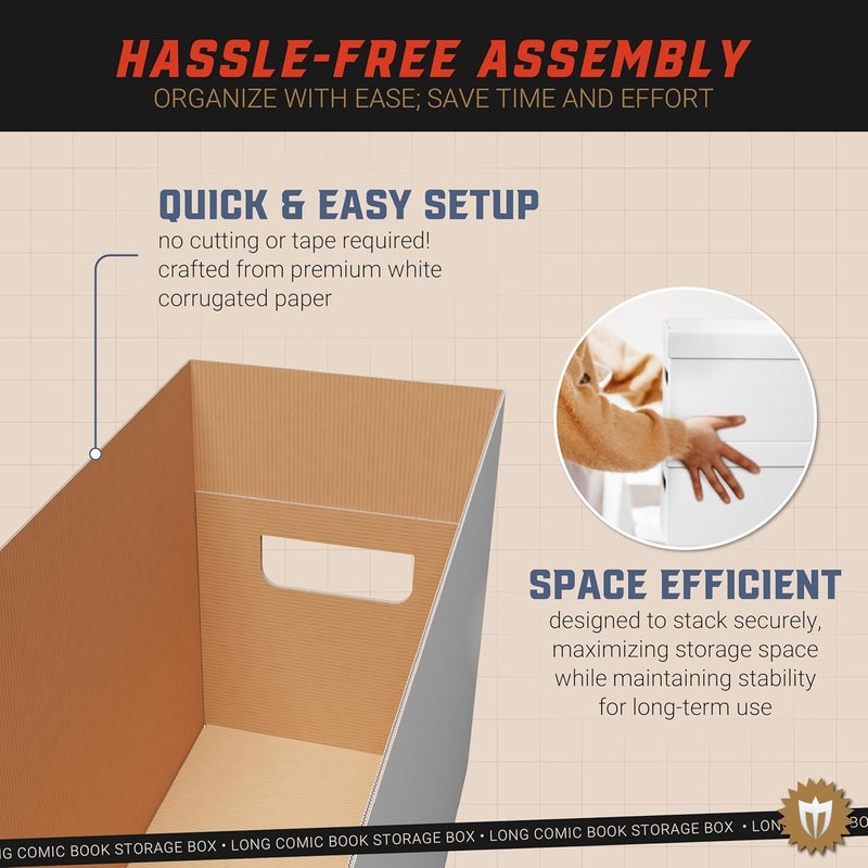 Max Protection Comic Book Storage Box - 5 Count Long ComicBook Boxes with White Corrugated Cardboard - Stackable Bin, Thick Case, Book Containers with Lid - Ideal for Comics, Magazines, Collectibles - Image 3